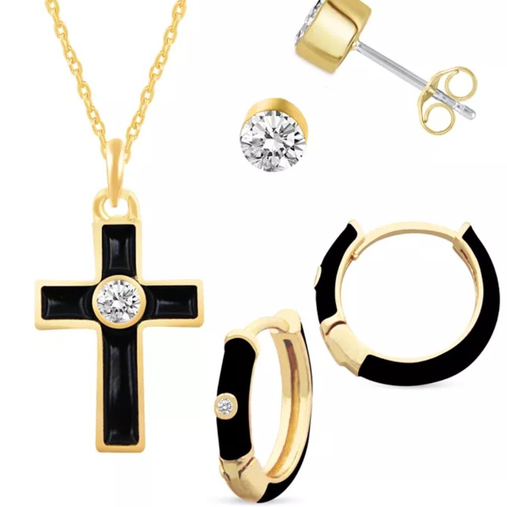Crystal & Enamel Cross Jewelry Set Gold Necklace,Stud & Hoop Earrings Every Gift